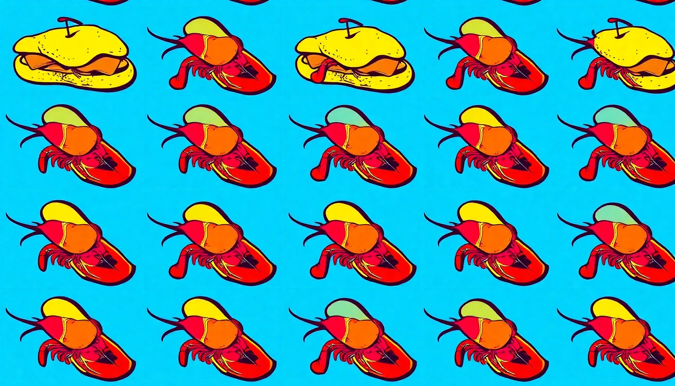 A high-contrast, silkscreen-style illustration featuring a repeating grid of a single, iconic Cajun or Creole food item, such as a po'boy sandwich or a pile of crawfish, rendered in a bold, neon color palette that captures the energy and vibrancy of Denver's Cajun and Creole dining scene.