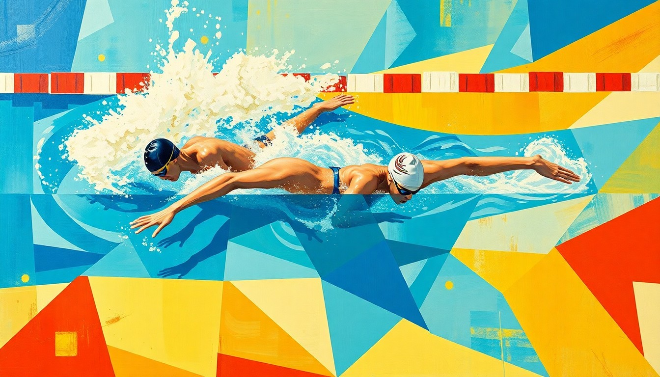 A cubist, geometric painting depicting abstract shapes and forms representing swimmers, water, and competition, conveying the fractured nature of the failed merger between the two swim clubs.