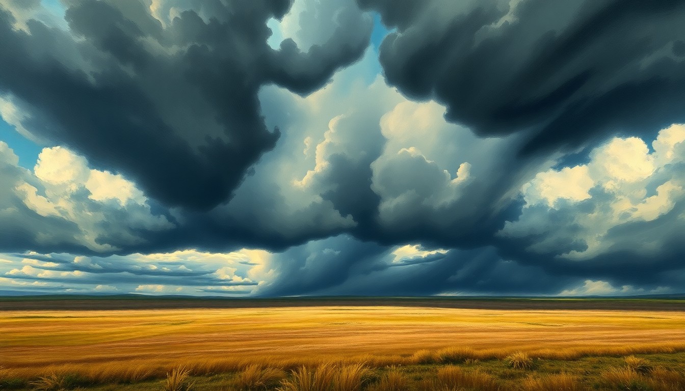 A vast, atmospheric landscape painting depicting a dramatic, stormy sky with heavy clouds and dramatic lighting, dwarfing any physical structures or objects in the scene and conveying the overwhelming scale and power of the natural world.