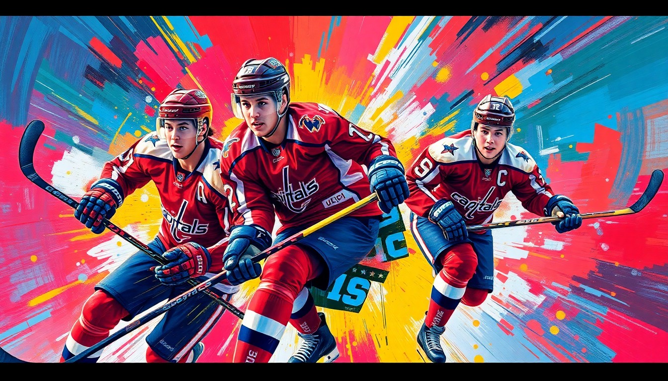 An abstract, energetic painting in neon colors depicting the dynamic movements and plays of hockey players, representing the promising young talent of the Washington Capitals.