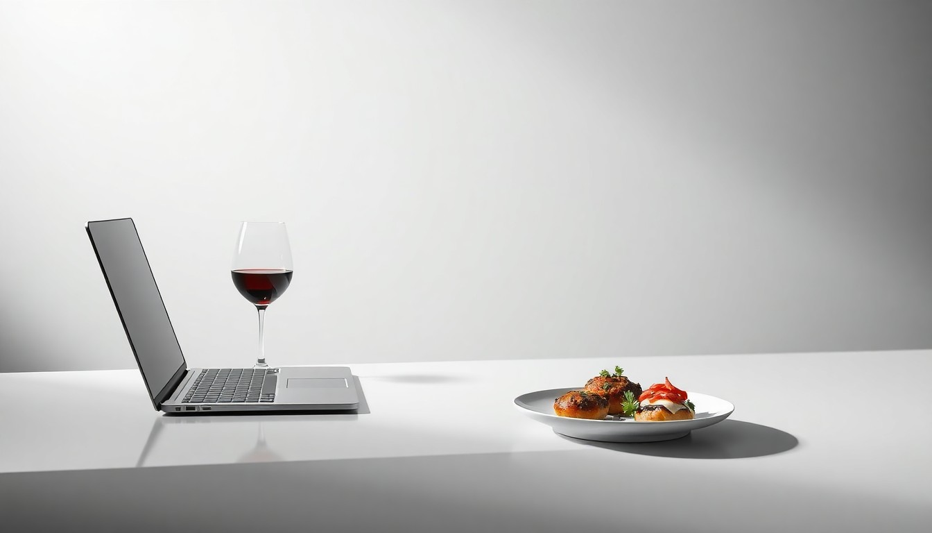 A high-end, photorealistic studio still-life photograph featuring a sleek desk with a laptop, a glass of wine, and a small plate of gourmet appetizers, all arranged elegantly on a clean, monochromatic background, conceptually representing the premium airport lounge experience offered by American Express' new Sidecar concept.