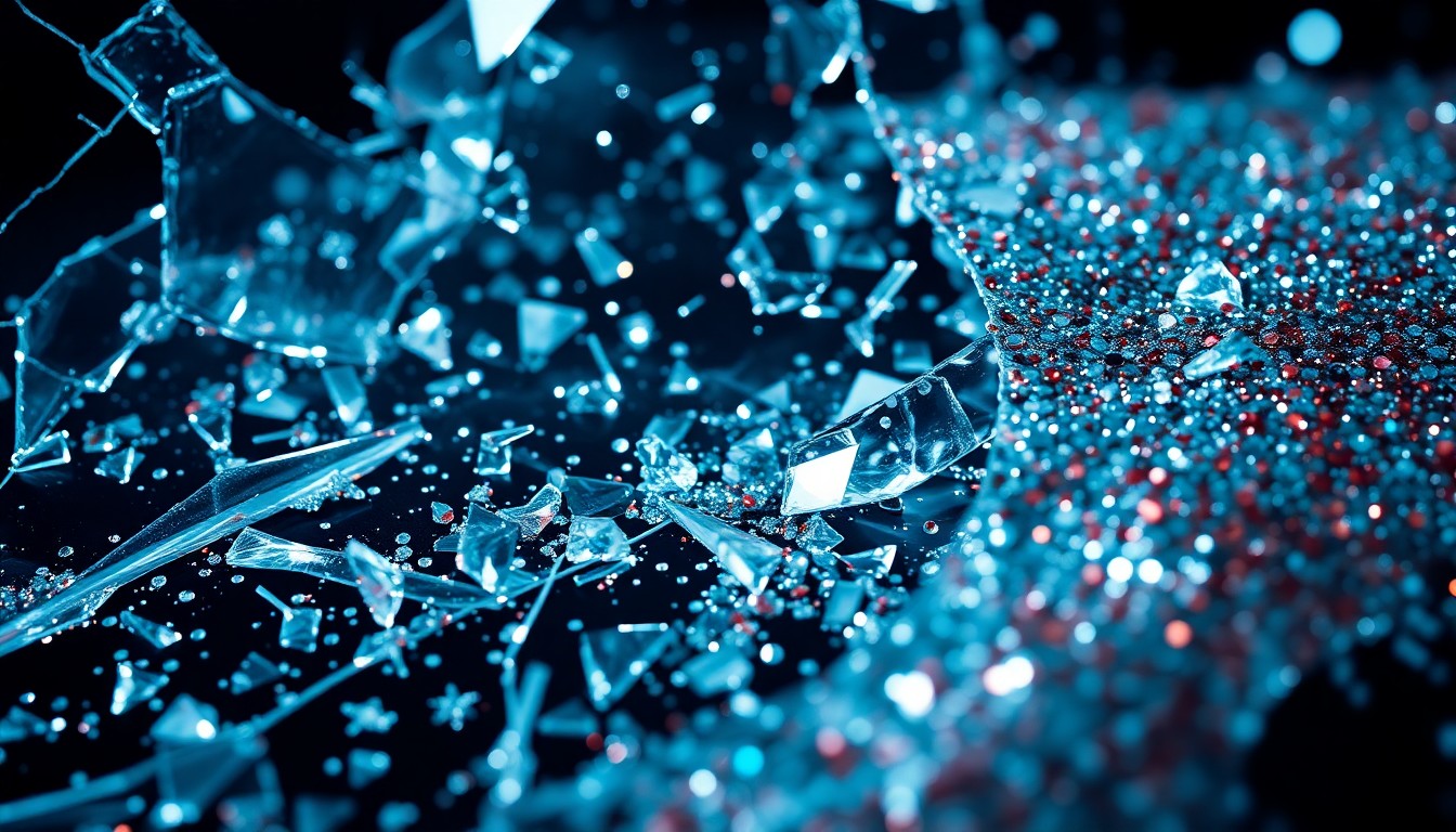 An abstract close-up image featuring shards of broken glass and sparkling sequins, captured in dramatic high-contrast lighting to evoke the glitz and glamour of the entertainment industry.