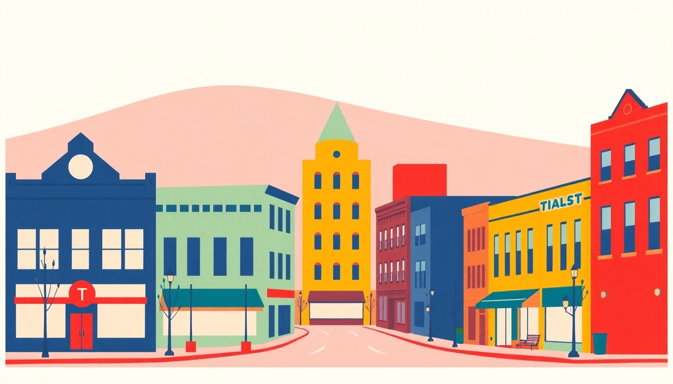 A minimalist illustration using bold geometric shapes and primary colors to conceptually represent the economic revitalization of historic downtowns in the Mohawk Valley region.