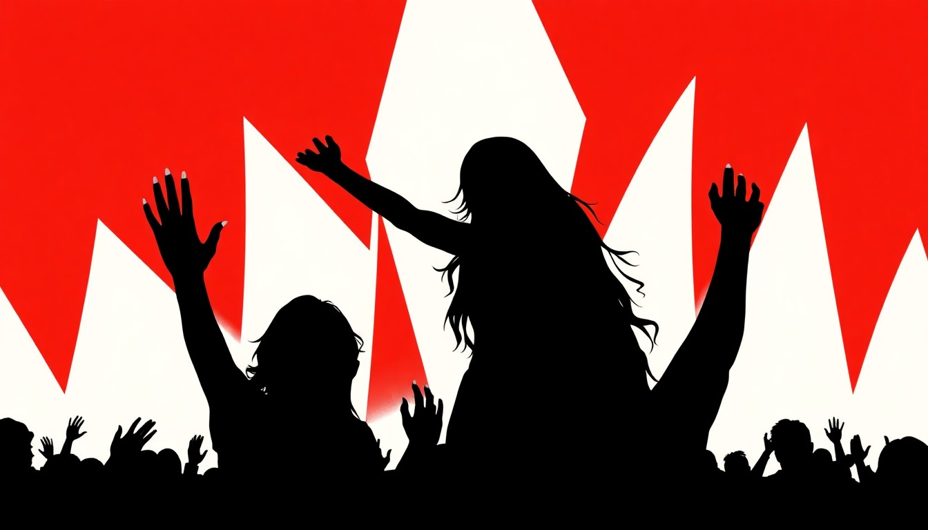 An abstract, minimalist illustration featuring sharp, jagged shapes in contrasting red and black, conveying the tension and backlash surrounding Sabrina Carpenter's dismissive comments about a fan's cultural cheer at the music festival.