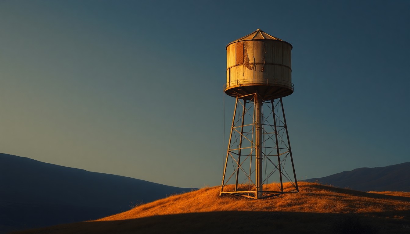 A serene, painterly image of an old water tower standing alone on a hillside, its weathered metal structure casting long shadows under the warm glow of the sun, conceptually representing the critical water management issues facing municipalities.