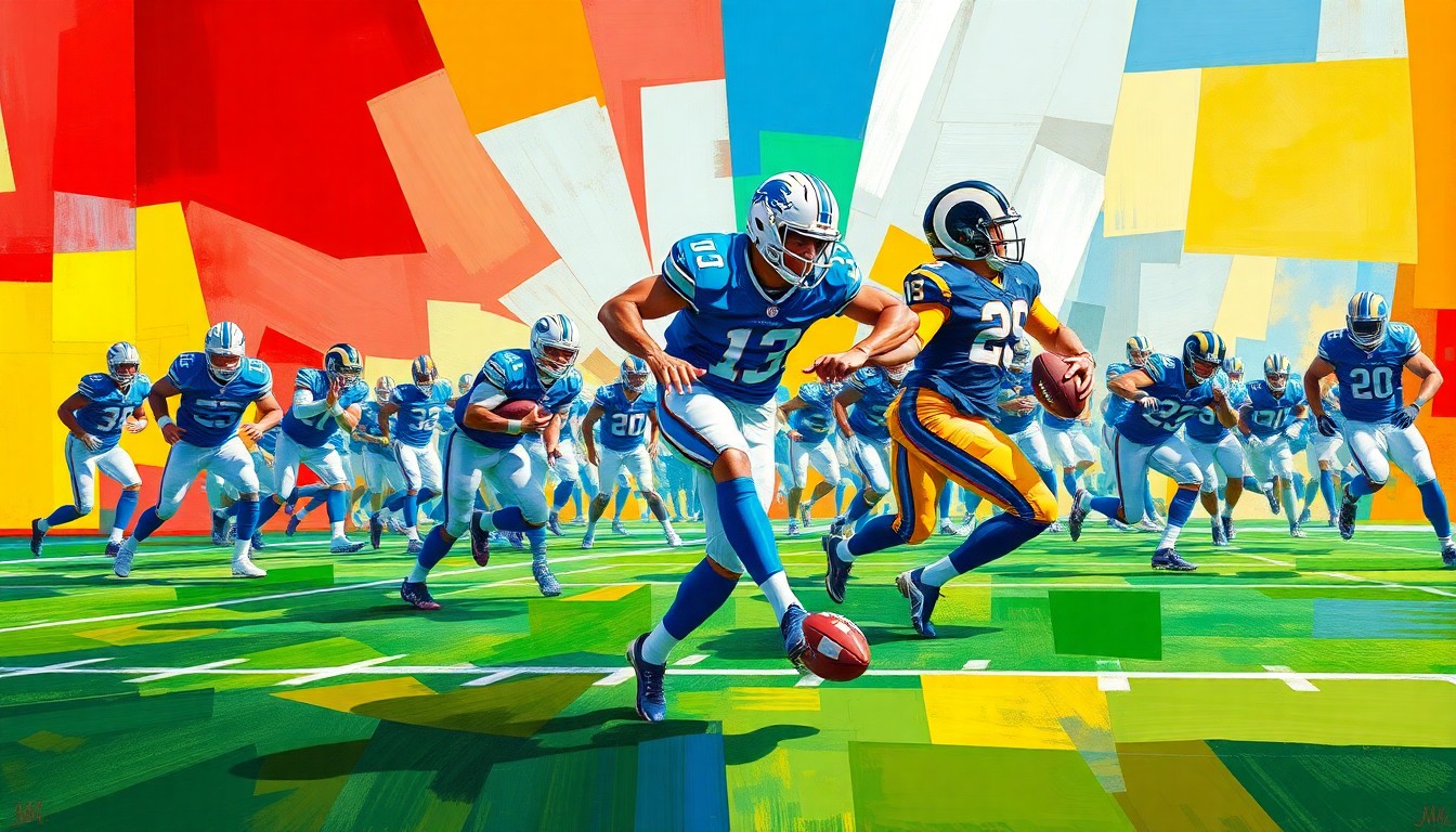 A fractured, cubist-style painting depicting a football player in mid-motion on a kickoff or punt coverage unit, with sharp, overlapping geometric planes in the colors of the Lions and Rams uniforms, conceptually representing the specialized contributions of a 'glue' player.