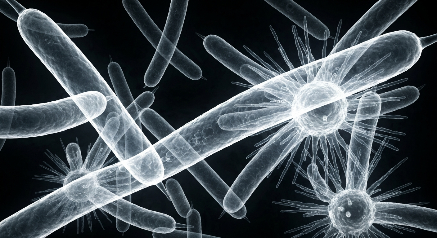 A translucent X-ray photograph revealing the intricate, ghostly structures of antibiotic-resistant bacteria thriving in a river, symbolizing the hidden dangers that lie within the seemingly serene waters of Oxford.