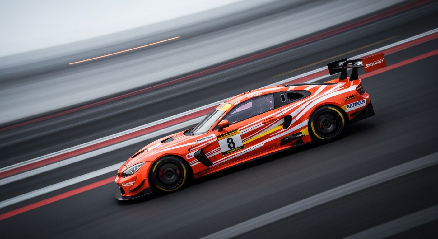 An abstract, blurred image of a high-performance racing car in motion, conveying a sense of speed, power, and energy through sweeping streaks of vibrant color.