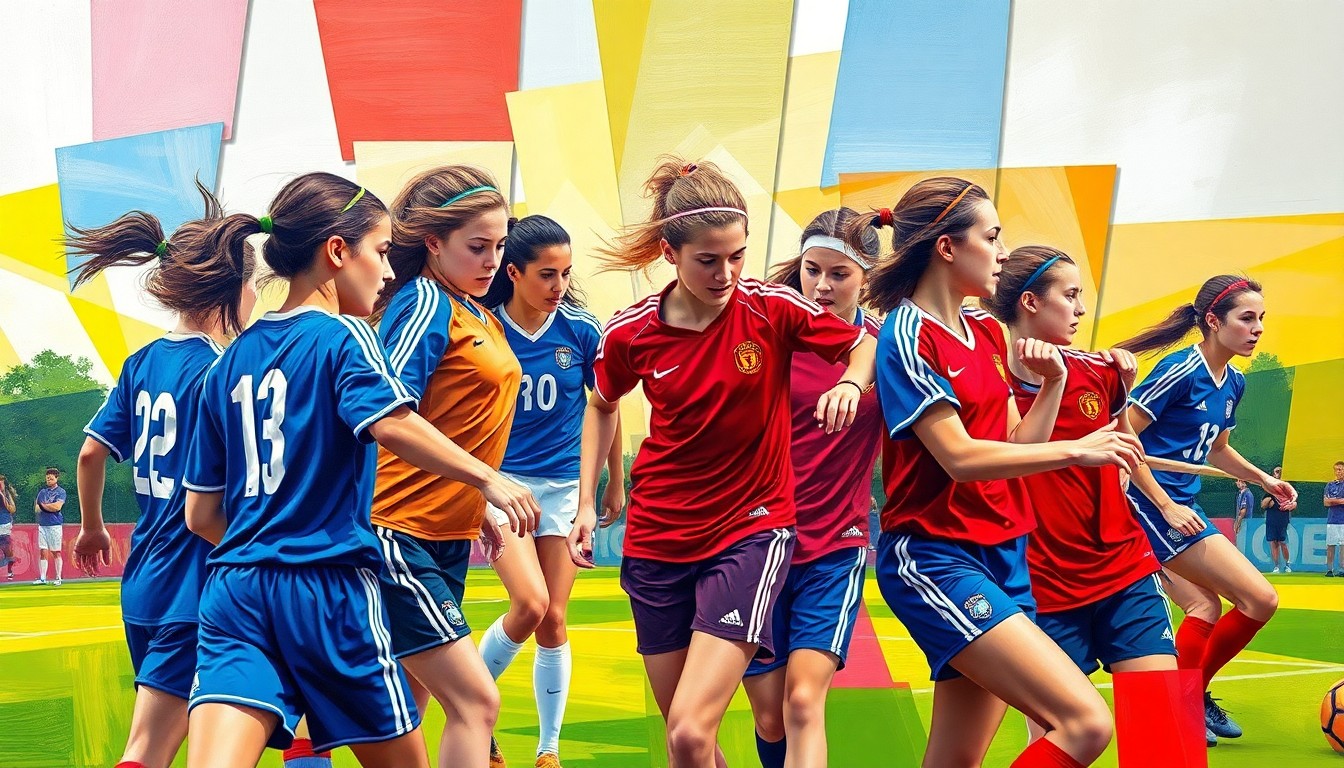 A fractured, geometric painting depicting the dynamic movements and energy of a girls high school soccer game, with sharp planes of color representing the players, field, and surrounding environment.