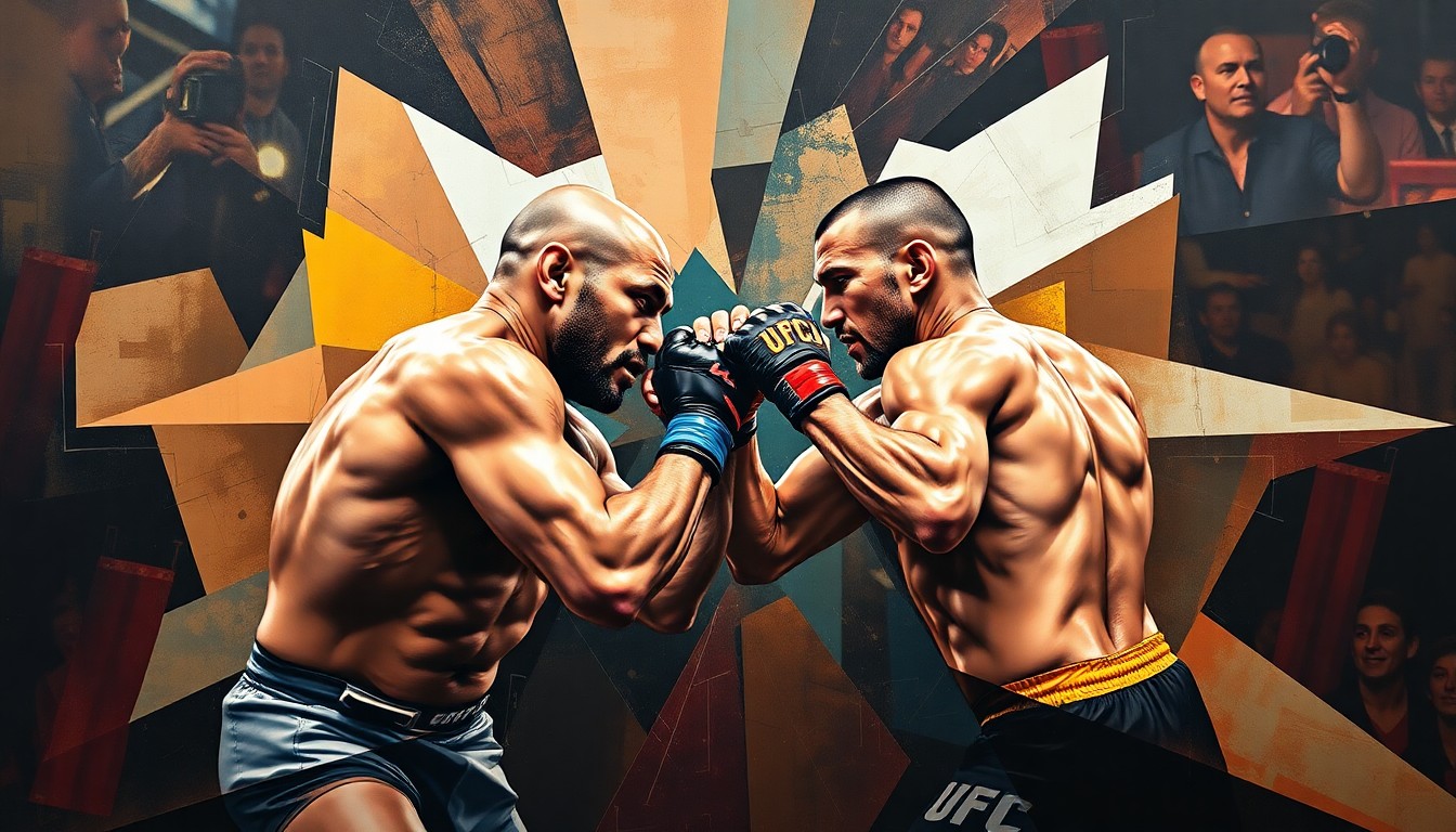 A fractured, geometric painting depicting the intense action and competing perspectives of a UFC middleweight title fight, with the combatants' forms broken down into sharp, overlapping planes of color.