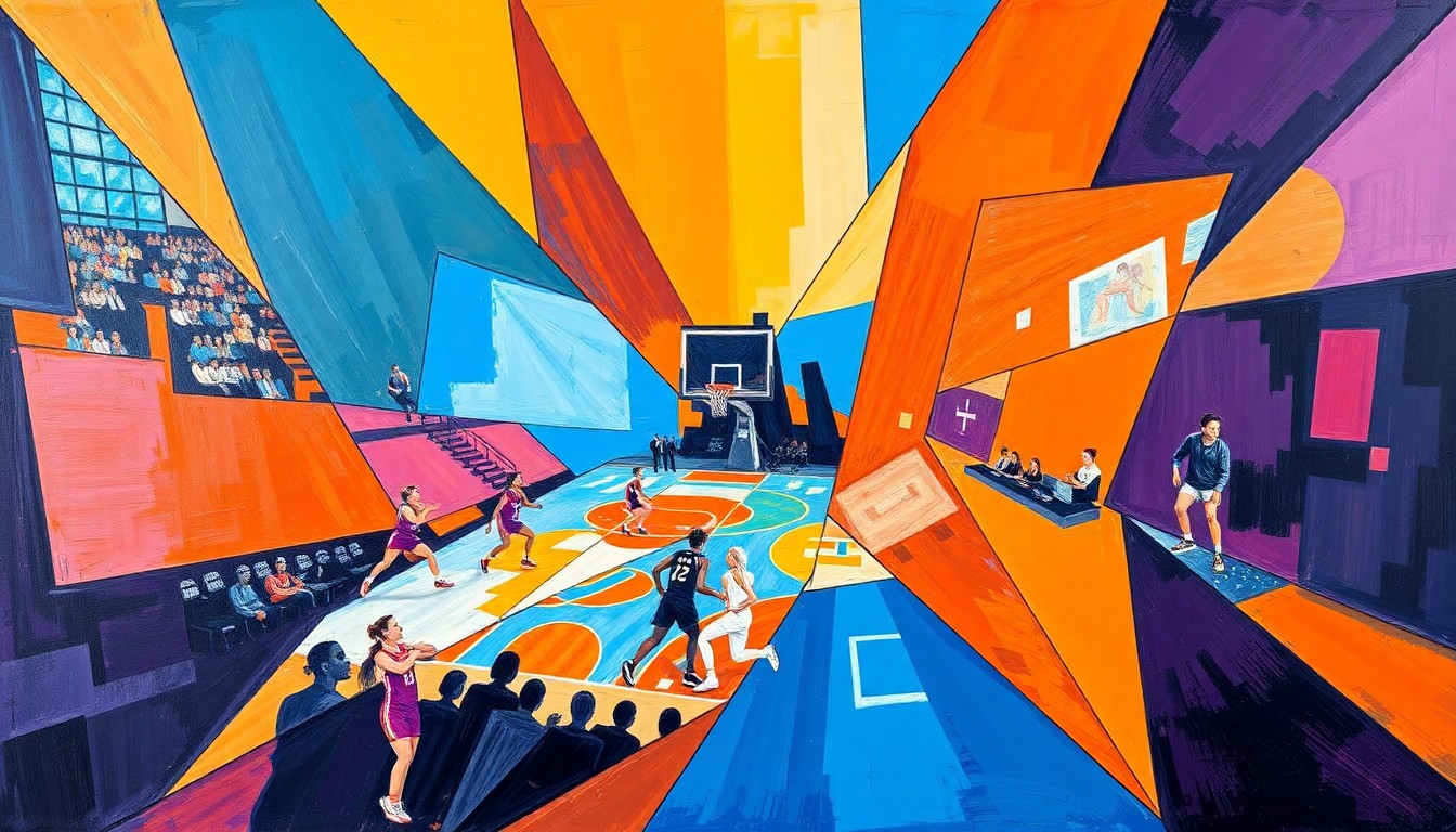 A cubist, geometric painting depicting the dynamic movements and energy of a women's basketball game, with sharp, overlapping planes of color and form.