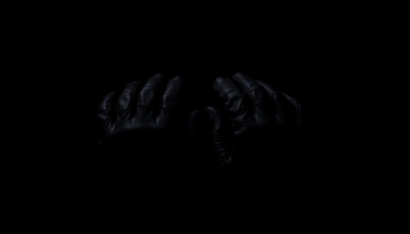 An extreme close-up photograph of a pair of black gloves against a pitch-black background, lit by a harsh, direct camera flash, conceptually representing a crucial piece of evidence in the investigation into Nancy Guthrie's disappearance.