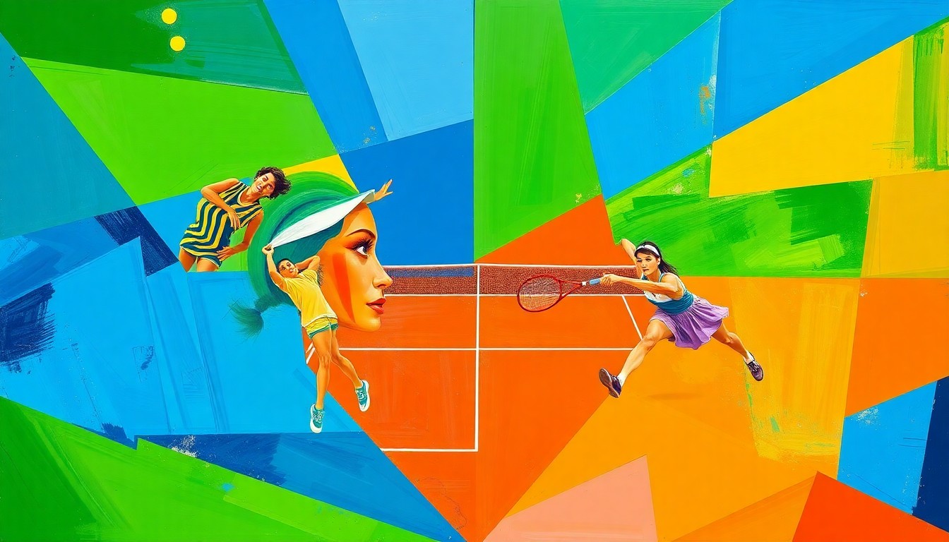A cubist-style painting depicting a tennis match, with the players and court broken down into sharp, overlapping geometric shapes in vibrant colors of blue, green, and orange.