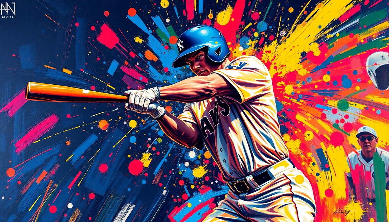 An abstract, energetic painting in neon colors depicting the explosive motion of a baseball player hitting a home run, with the player's features blurred into vibrant brushstrokes.