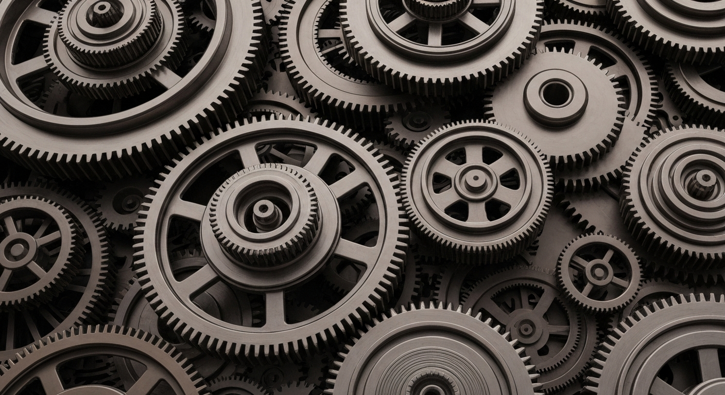 An extreme close-up of a complex, industrial-looking mechanism with interlocking gears and components in shades of grey, bronze, and black, conceptually representing the heavy financial infrastructure and institutional power behind the AI industry.