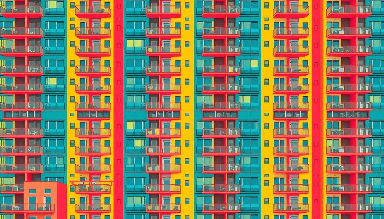 A bold, colorful silkscreen-style illustration featuring a modern condominium building repeated in a grid pattern, conceptually representing the luxury real estate market in Miami.