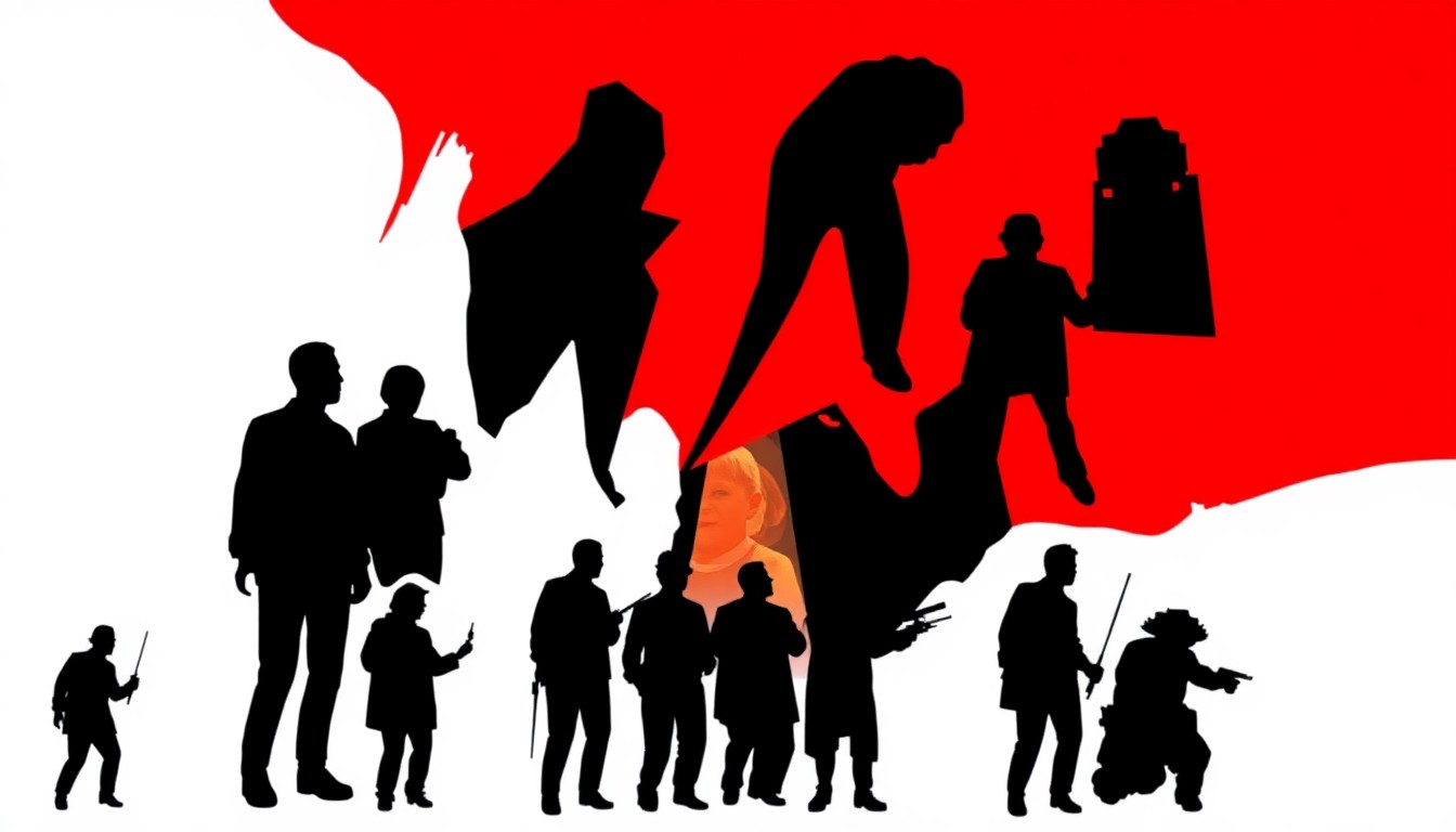 A striking abstract composition of bold black silhouettes in various geometric shapes, representing the range of films featured at the Charlotte Latino Film Festival, set against a high-contrast red and white background.