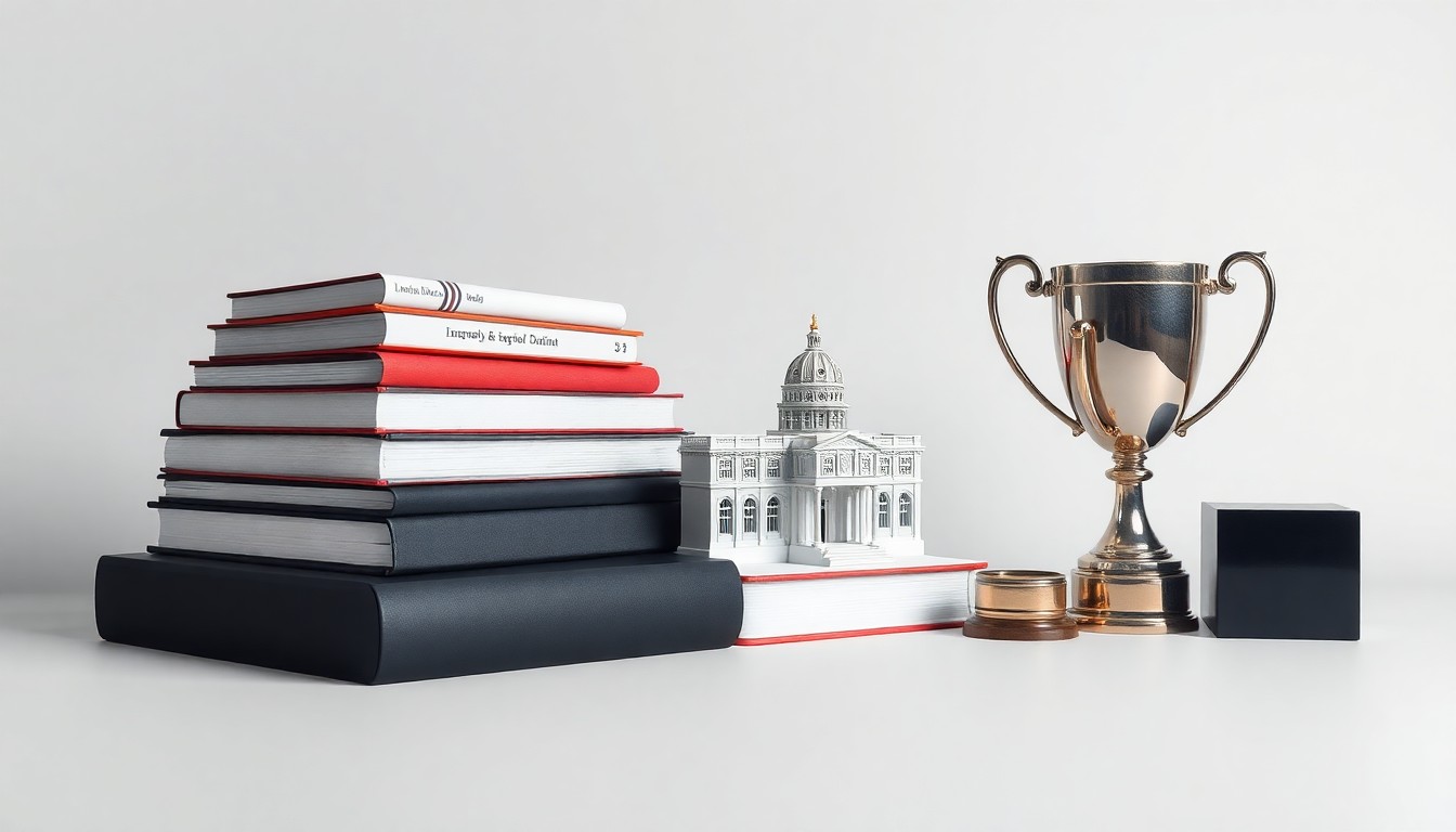 A high-end, photorealistic studio still-life photograph featuring a stack of engineering textbooks, a 3D-printed model of a university building, and a polished metal trophy on a clean, monochromatic seamless background, conceptually representing the impact of a record-breaking philanthropic donation on academic excellence and innovation.