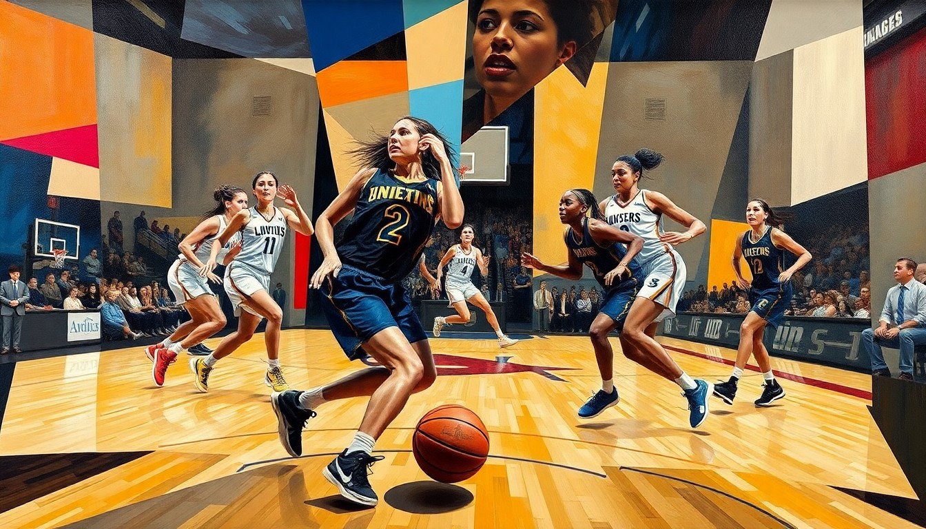 A fractured, geometric painting depicting the dynamic movements and energy of a women's college basketball game, with the players' forms broken down into abstract shapes and planes.