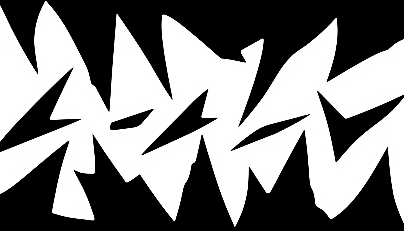 An abstract, minimalist illustration featuring sharp, angular black shapes against a bright white background, conveying the conceptual idea of establishing clear attribution practices for digital and AI-powered art.