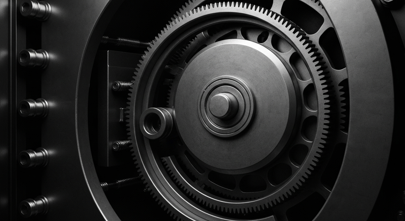 A high-contrast, close-up image of the internal gears and mechanisms of a banking vault, representing the secure, institutional nature of the credit analytics industry.