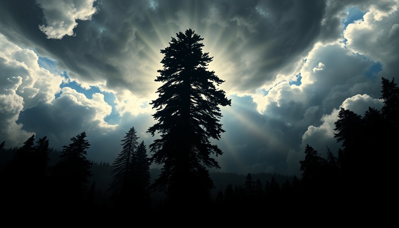 A dramatic landscape painting showing the silhouette of a massive redwood tree against a stormy, backlit sky, with the tree's upper branches obscured by swirling clouds and dramatic lighting, conveying the overwhelming power of the natural forces at play.
