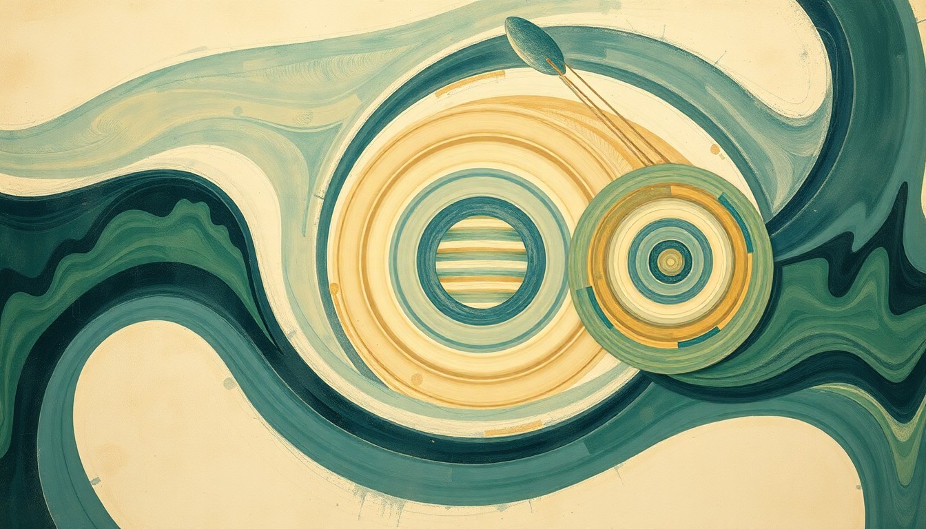 An abstract, highly structured painting in soft, earthy tones of blue, green, and gold, featuring sweeping geometric arcs, concentric planetary circles, and precise botanical spirals, conveying the complex forces and concepts of space exploration without any text or symbols.