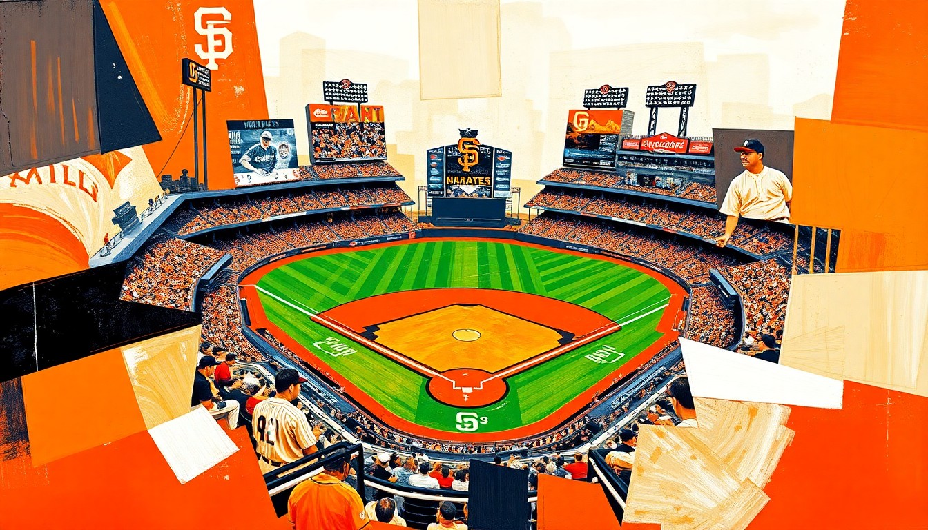 A cubist, geometric painting depicting a baseball game in motion, with the players and field broken down into sharp, overlapping planes of color in the Giants' official team colors.