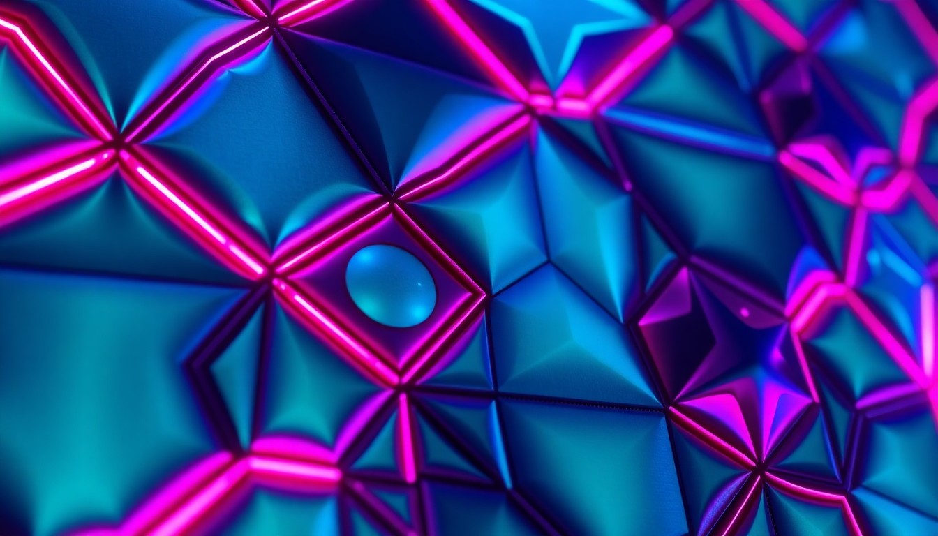 A highly detailed, glowing 3D illustration of a collaborative public art quilt, with individual geometric panels illuminated by neon cyan and magenta lights, conceptually representing a community-driven tech project that brings people together through creativity.