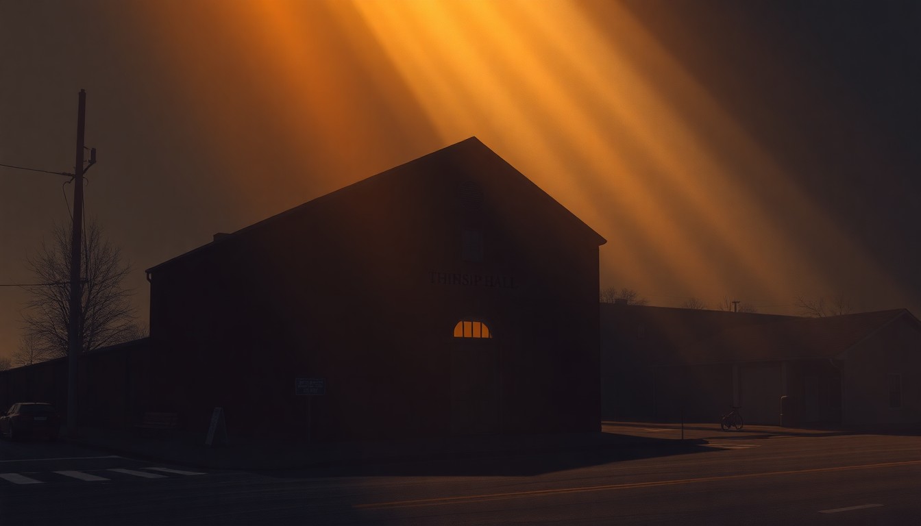 A serene, cinematic painting of a township hall building with warm lighting and deep shadows, conveying a sense of quiet contemplation around the community's global aspirations.