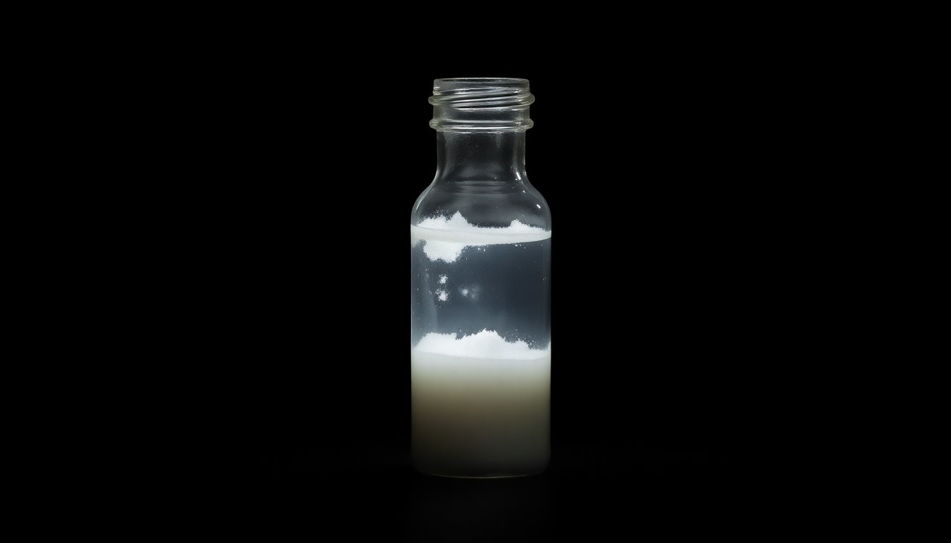 An extreme close-up photograph of a small glass vial filled with a cloudy white liquid, lit by a harsh, direct camera flash against a pitch-black background, conceptually representing the discovery of a makeshift drug lab.