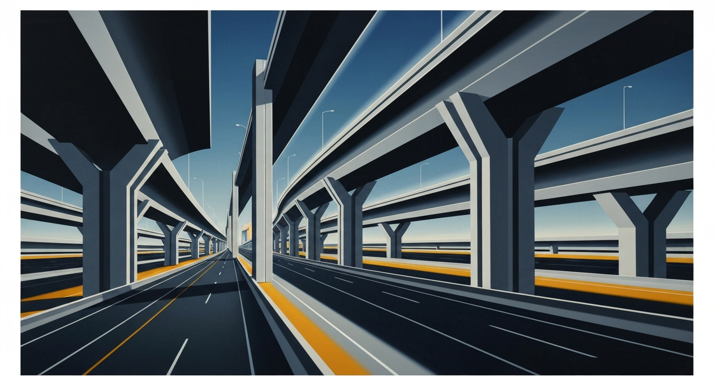 A bold, geometric illustration depicting the towering scale and sweeping curves of highway overpasses and interchanges, rendered in a stylized Art Deco aesthetic with smooth gradients of steel grey, midnight blue, and amber.