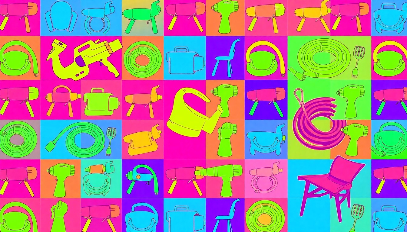 A high-contrast silkscreen print of a power drill repeated in a grid pattern, rendered in bright neon colors and heavy black outlines, conceptually representing the home improvement focus of the Central Florida Home Expo.