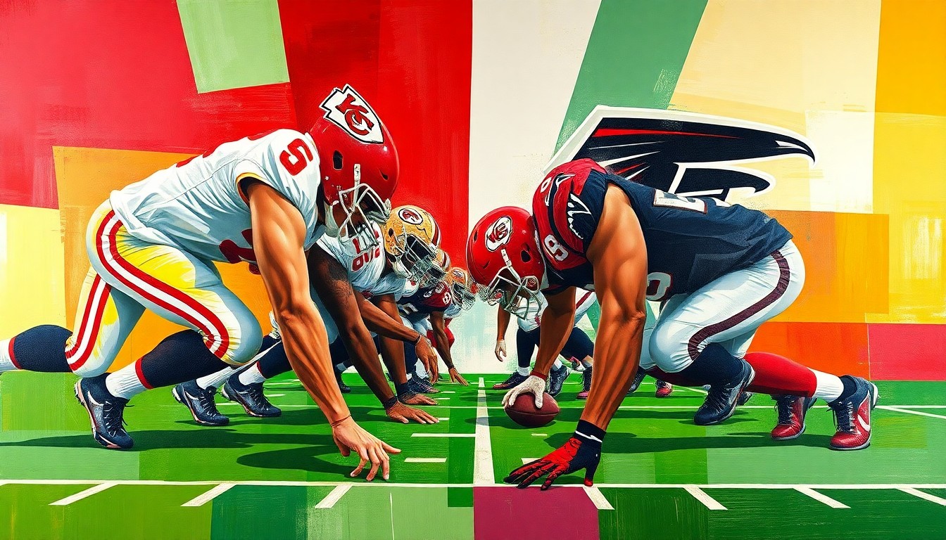 A cubist, geometric painting depicting a fragmented football offensive line, with sharp planes of red, gold, and black representing the Kansas City Chiefs and Atlanta Falcons colors.