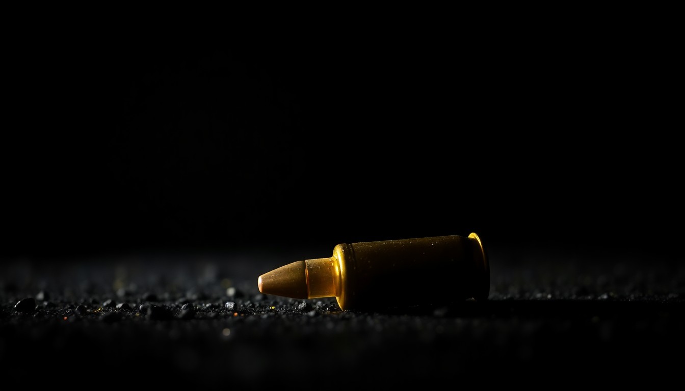 An extreme close-up photograph of a spent bullet casing on the ground, the metal surface reflecting the harsh light of the camera flash, creating a stark, gritty, investigative aesthetic.