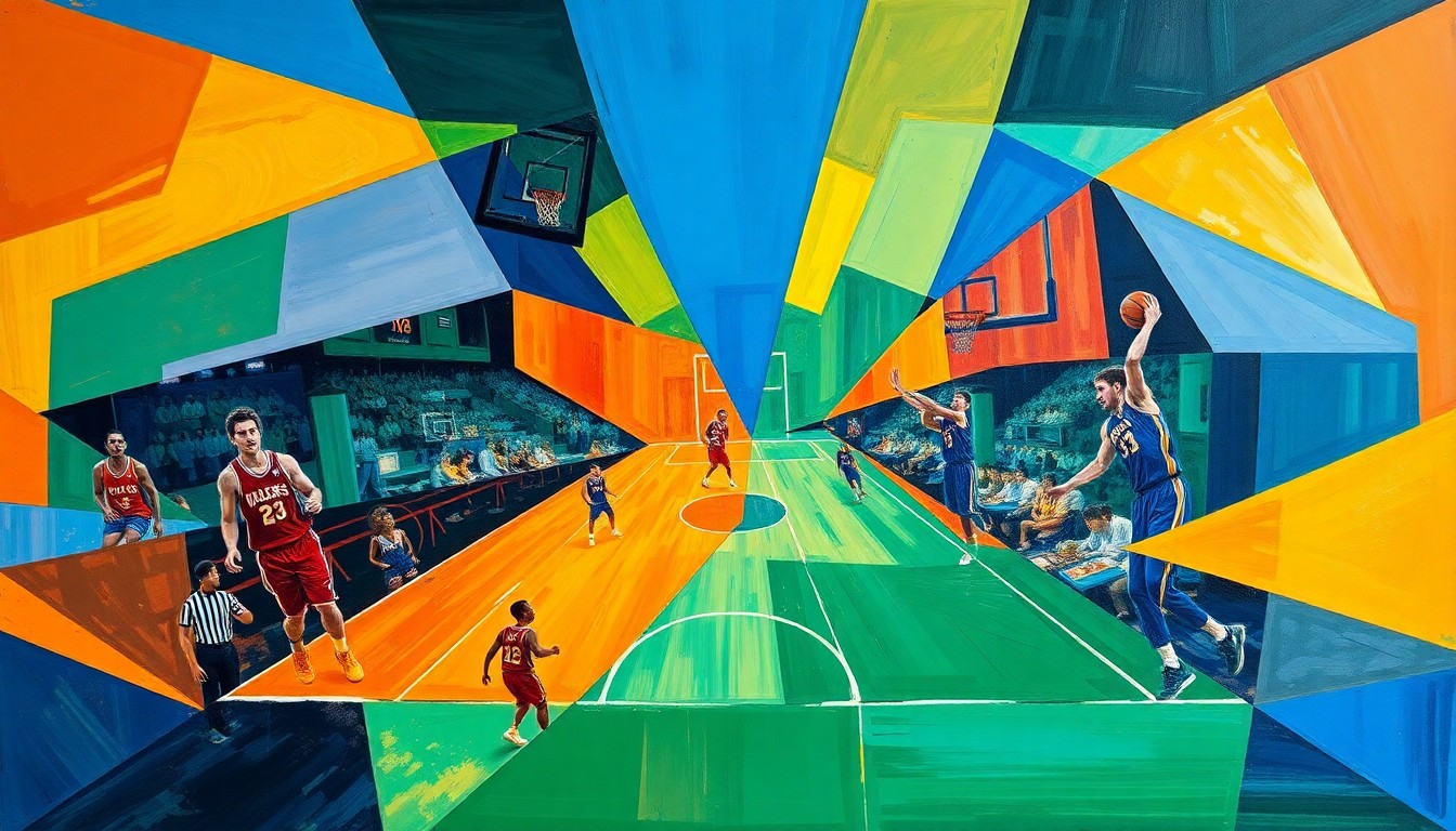A cubist, geometric painting depicting the fragmented movements and energy of a basketball game, with sharp planes of color representing the players and action on the court.