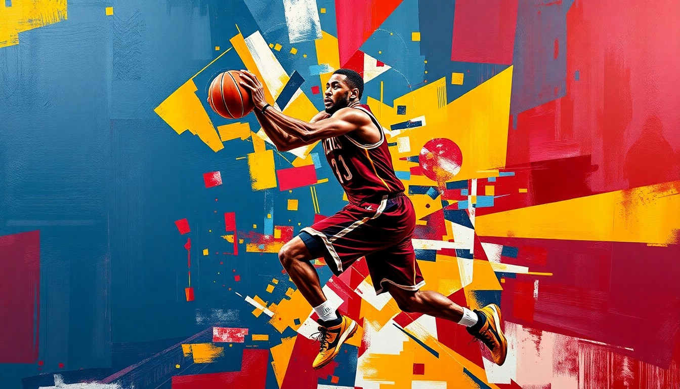 A cubist, geometric painting depicting the dynamic movements and energy of a basketball player, rendered in bold shades of maroon, gold, and navy blue.