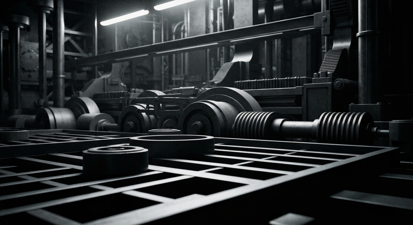 A high-contrast, cinematic close-up of heavy, industrial banking machinery and financial equipment, representing the stability and security of the municipal bond market.