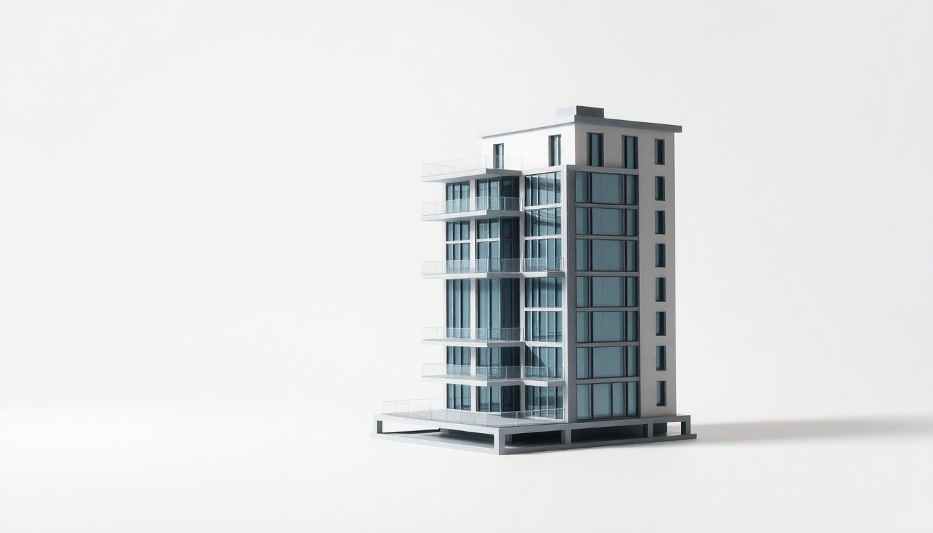 A photorealistic studio still-life of a scale model of a modern 4-story condominium building, featuring a sleek, minimalist design with polished metal and glass materials, dramatically lit to highlight the architectural details.