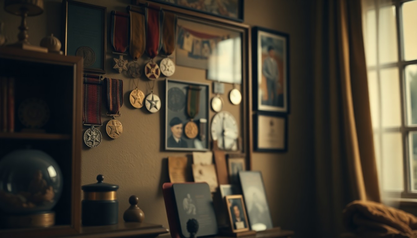 An abstract, impressionistic scene of military medals and memorabilia displayed in a softly lit, domestic setting, conveying a sense of nostalgia and the importance of honoring local history.