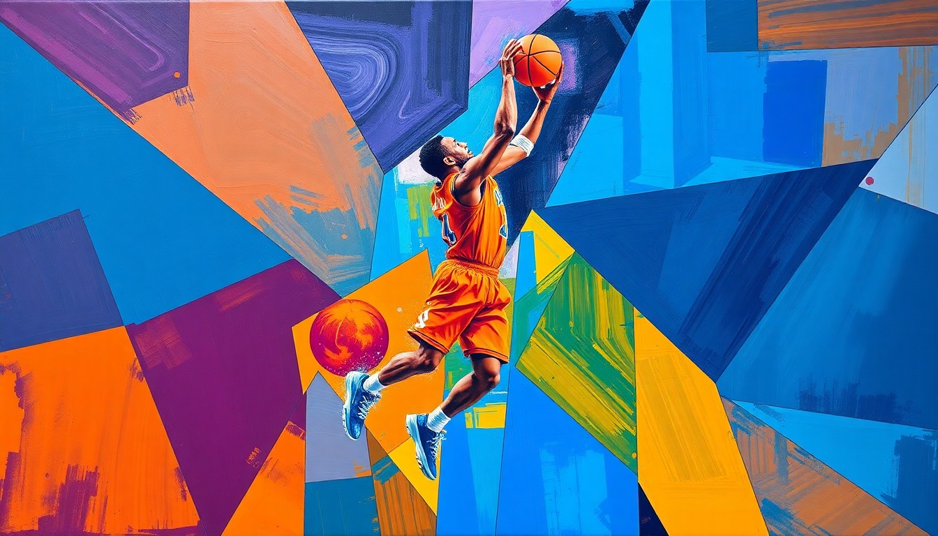 A cubist, geometric painting depicting a basketball player mid-jump shot, with the player's body and the ball broken down into overlapping, angular shapes and planes in a vibrant color palette.