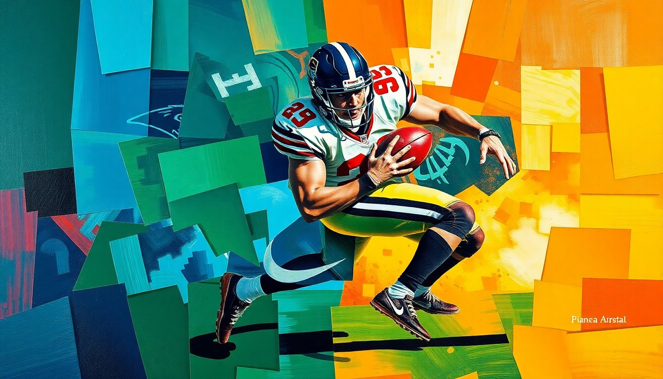 A fragmented, geometric painting depicting an NFL safety making a tackle, with sharp planes of color and overlapping perspectives conveying the intensity of the play.