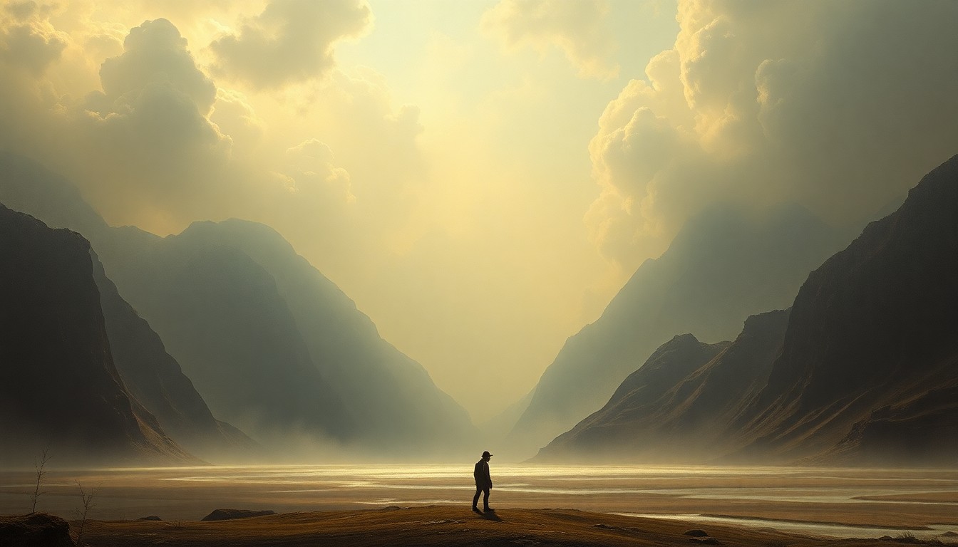 A vast, atmospheric landscape painting in muted tones of gray, blue, and gold, with a lone figure standing in the foreground dwarfed by the expansive, hazy sky above, conveying the overwhelming scale and power of sudden weather changes.