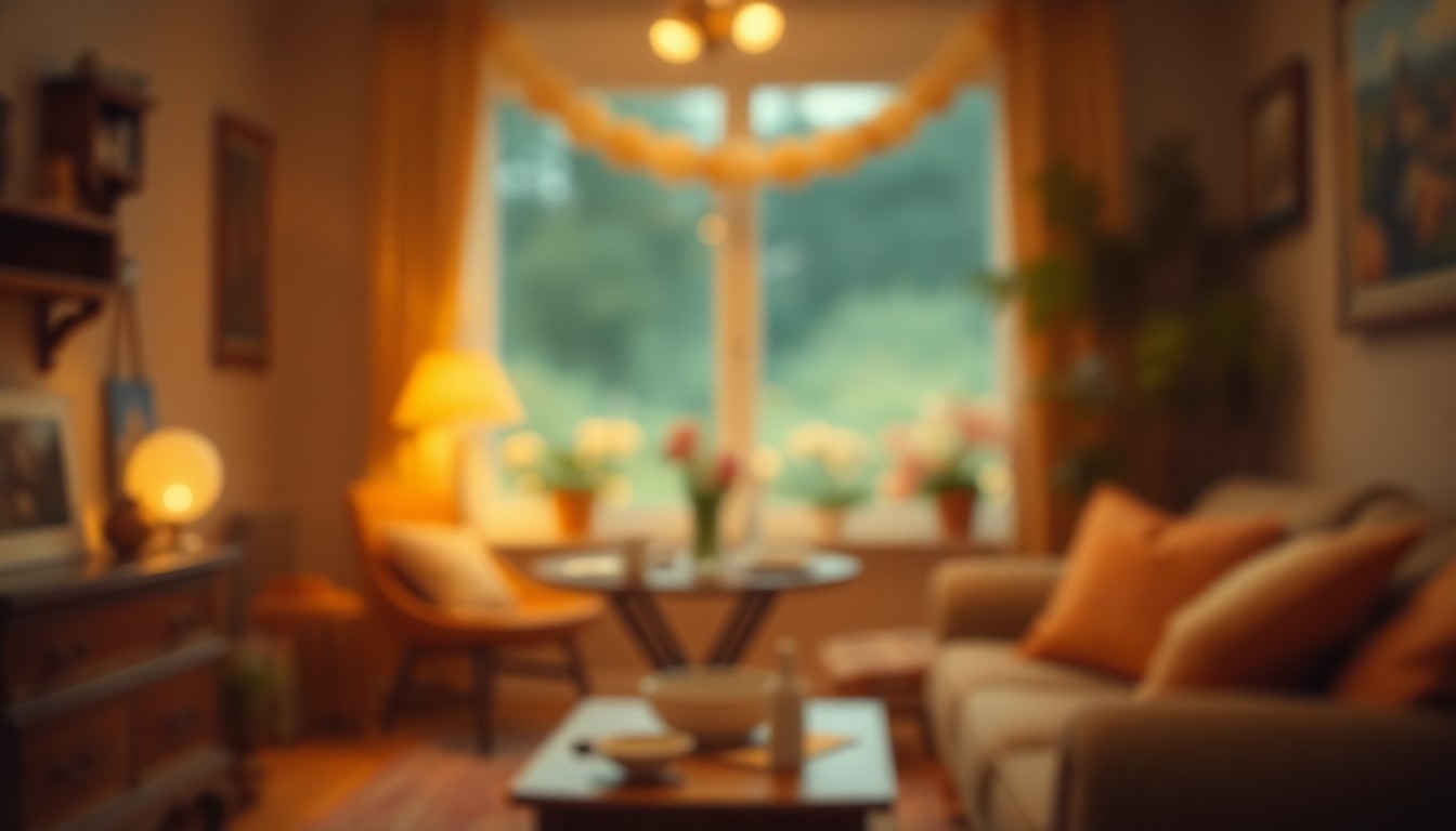 An abstract, impressionistic scene of soft, blurred shapes and muted colors, evoking a sense of nostalgia and the comforts of home.