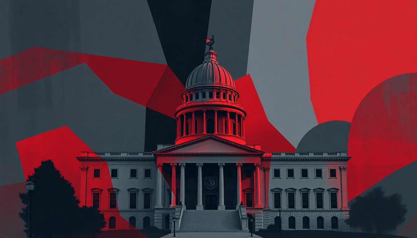 A dynamic, abstract painting featuring the Alabama state capitol building in overlapping geometric shapes and bold, contrasting colors, conveying the political tensions surrounding the closed primaries legislation.