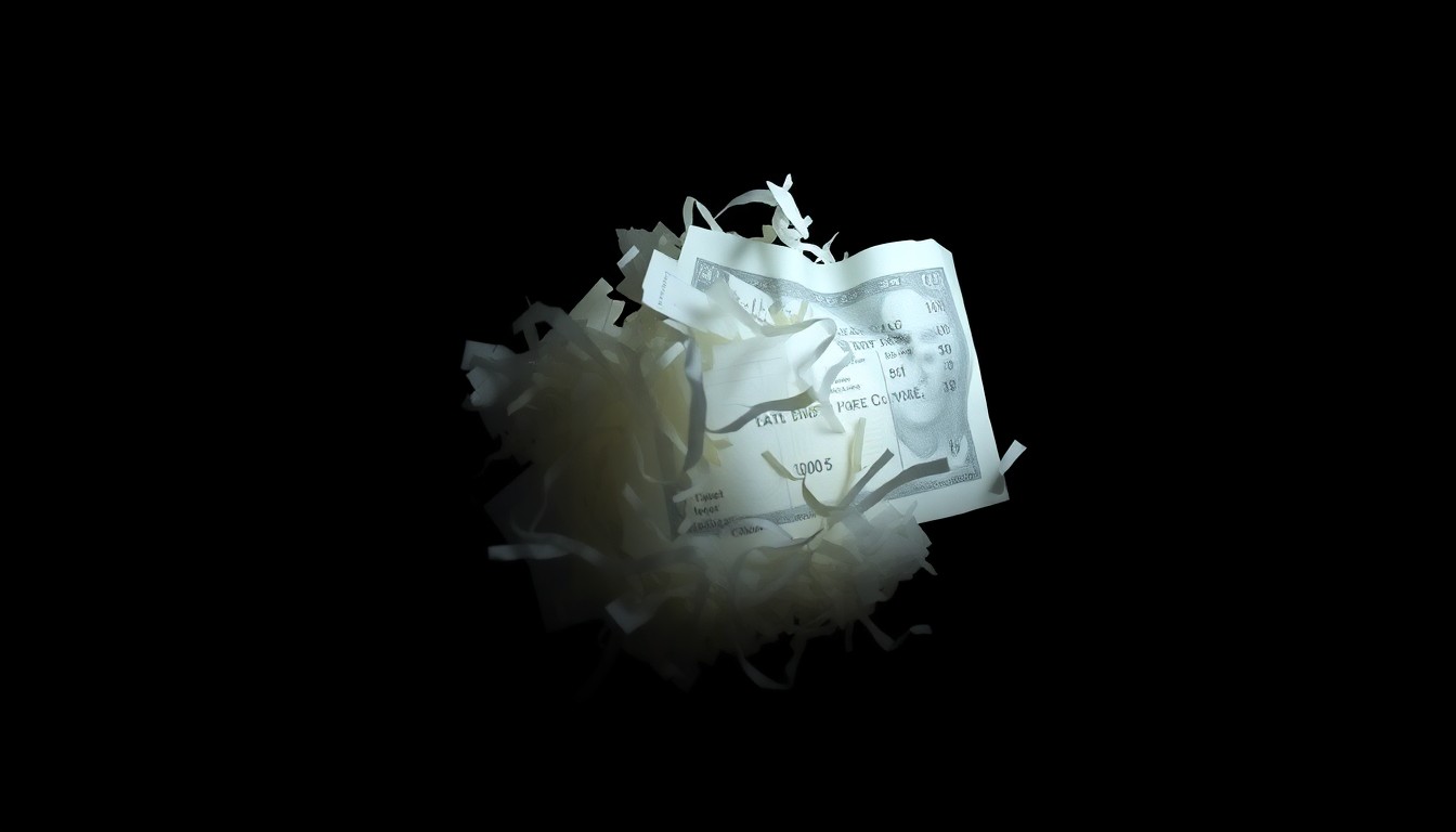 An extreme close-up photograph of a shredded financial document reflecting harsh, direct lighting, conceptually illustrating the unresolved nature of a delayed criminal sentencing.