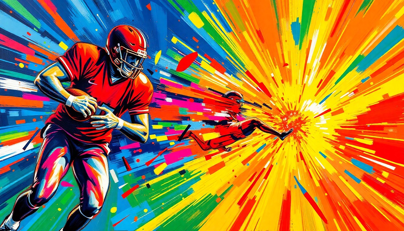 An abstract, energetic painting featuring bold, neon-colored brushstrokes that evoke the excitement and intensity of sports betting and competition.