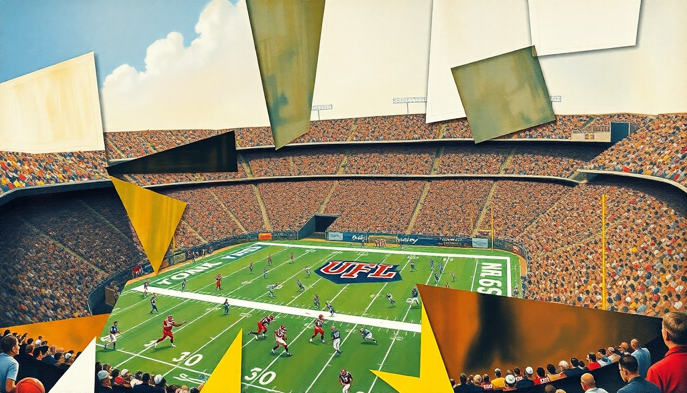 A cubist, geometric painting depicting a fragmented and deconstructed UFL football game, with sharp, overlapping planes of color and form representing the complex dynamics of the league's unique rules.