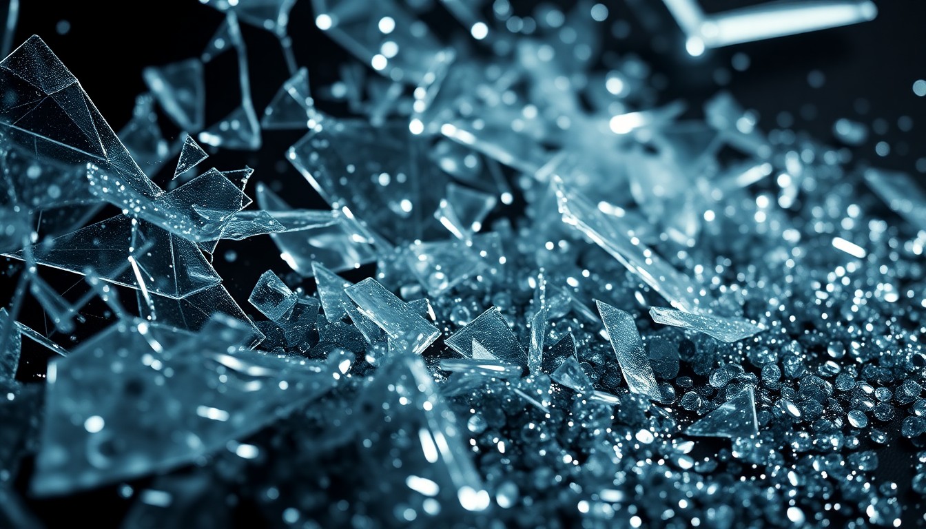 An extreme close-up photograph of shattered glass and glittering sequins, creating a dramatic, high-contrast visual metaphor for the chaos and intrigue surrounding a soap opera kidnapping plot.