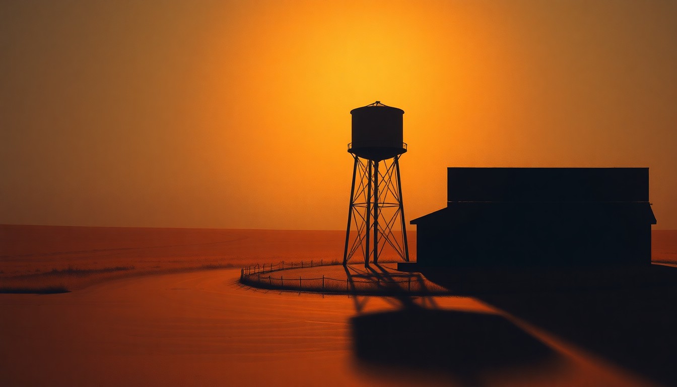 A cinematic painting of an aging water tower in a small Colorado town, bathed in warm sunlight and deep shadows, conceptually representing the community's struggle with aging infrastructure and internal divisions.